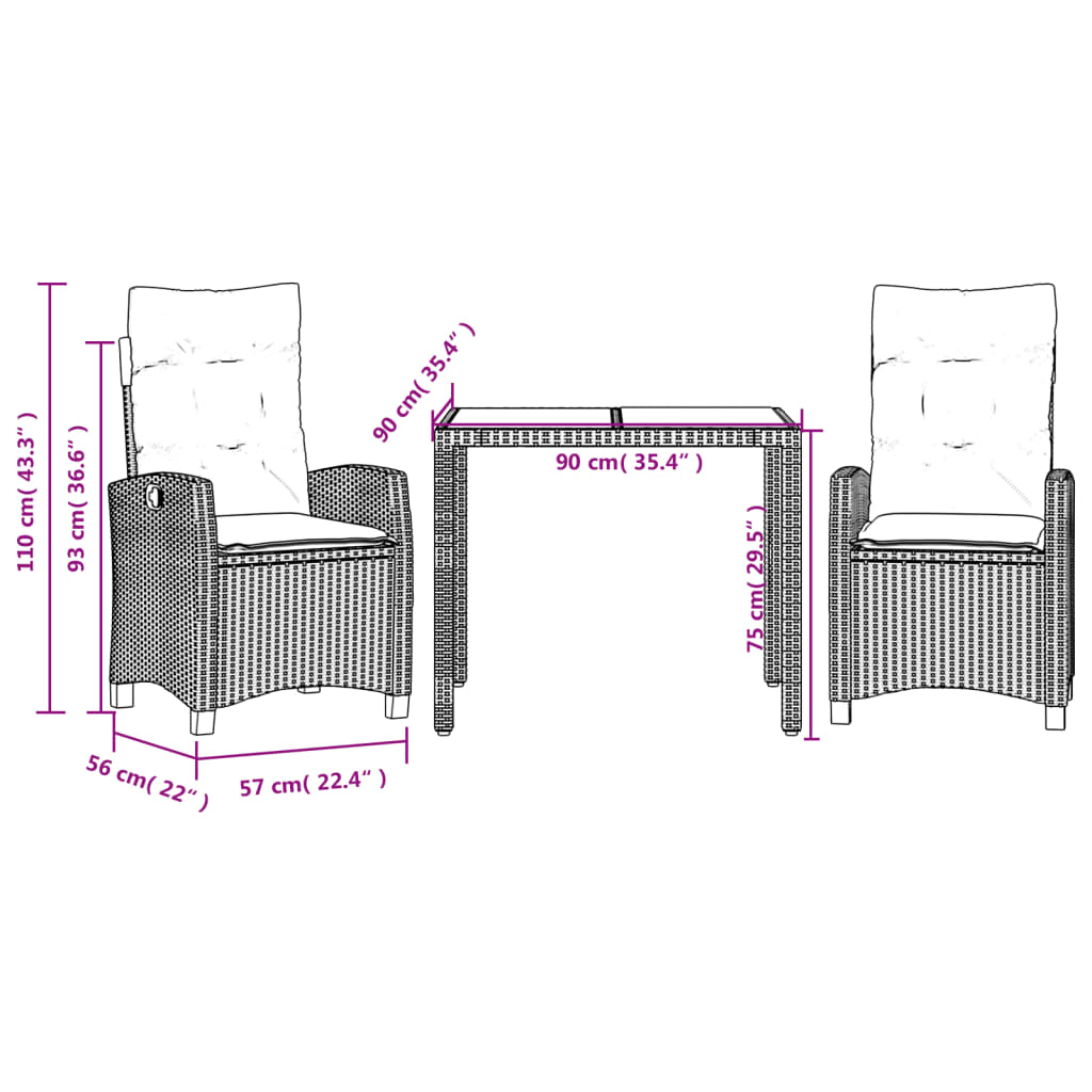 Ensemble à manger de jardin avec coussins 3 pcs Noir