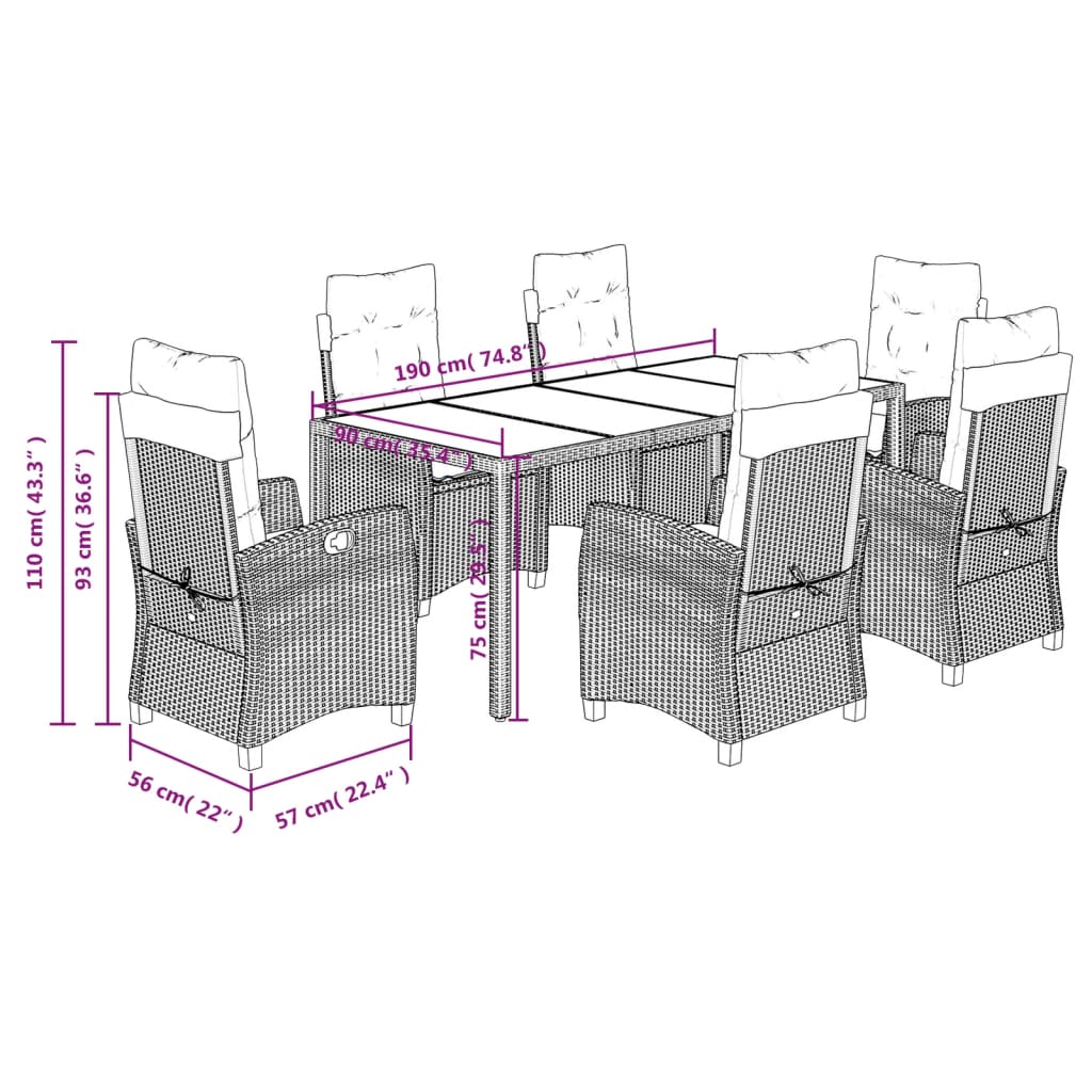 Ensemble à manger de jardin coussins 7pcs Noir Résine tressée