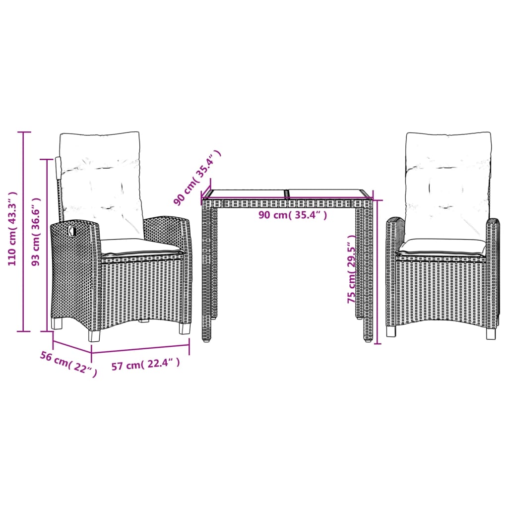 Ensemble à manger de jardin avec coussins 3 pcs Noir