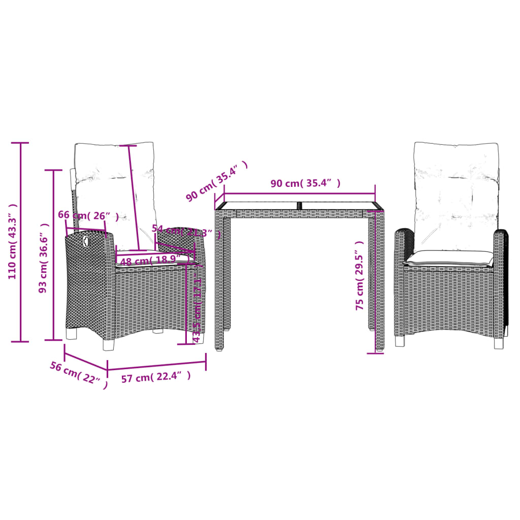 Ensemble à manger de jardin avec coussins 3 pcs Noir
