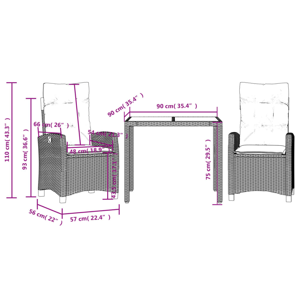 Ensemble à manger de jardin 3 pcs coussins gris résine tressée