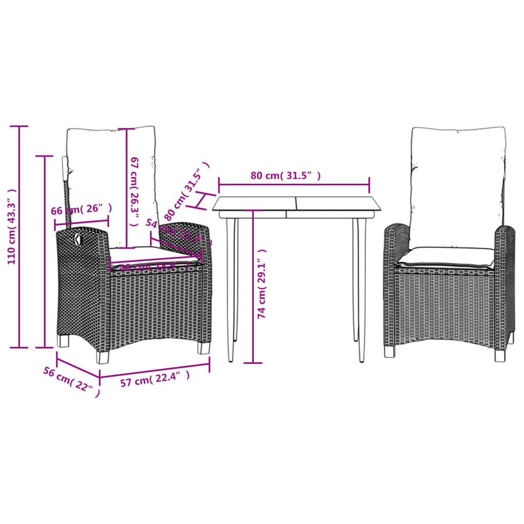 Ensemble à manger de jardin avec coussins 3 pcs Noir