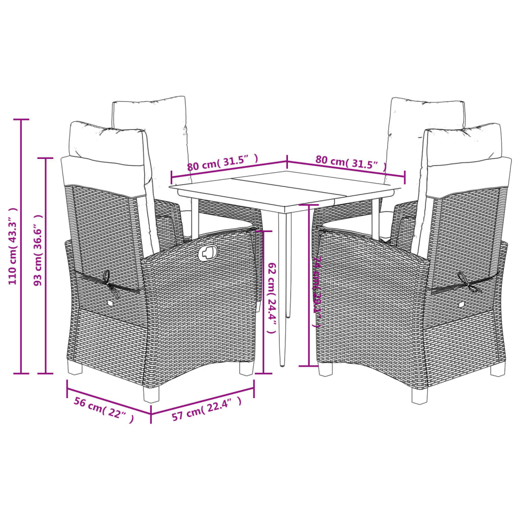 Ensemble à manger de jardin coussins 5pcs Noir Résine tressée