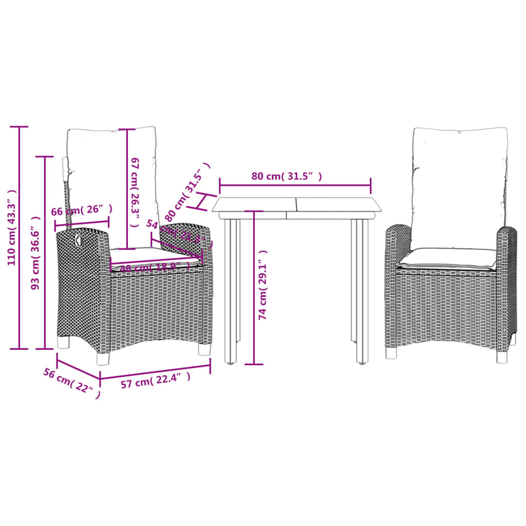 Ensemble à manger de jardin avec coussins 3 pcs Noir