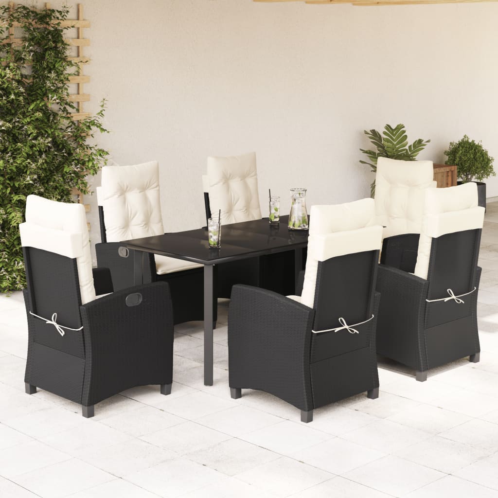 Ensemble à manger de jardin coussins 7pcs Noir Résine tressée