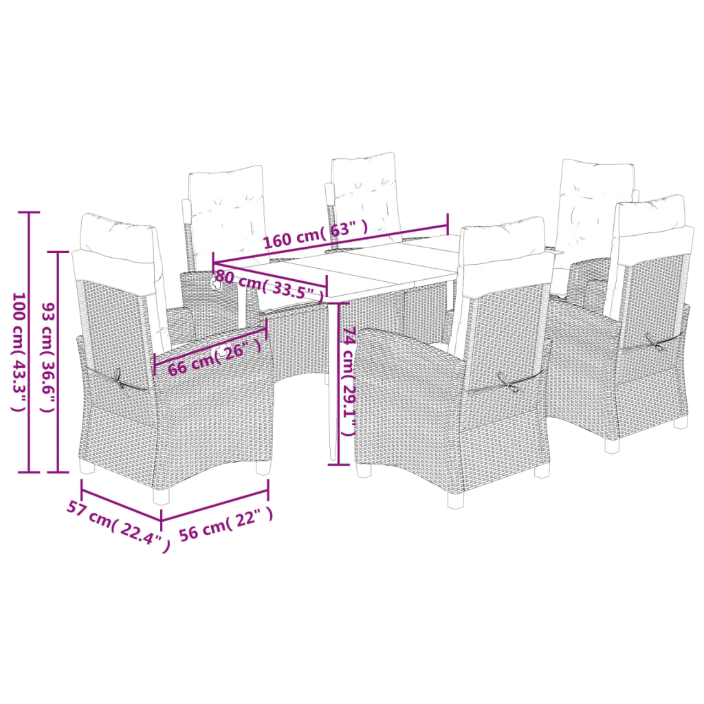 Ensemble à manger de jardin coussins 7pcs Noir Résine tressée