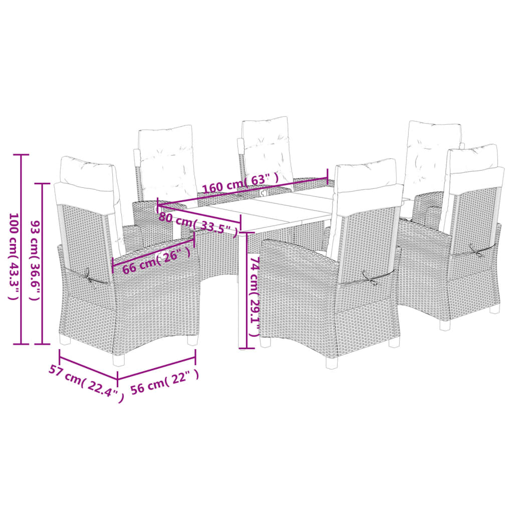 Ensemble à manger de jardin coussins 7pcs Noir Résine tressée