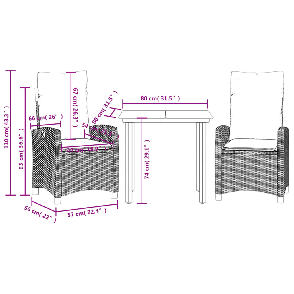 Ensemble à manger de jardin et coussins 3 pcs Beige poly rotin