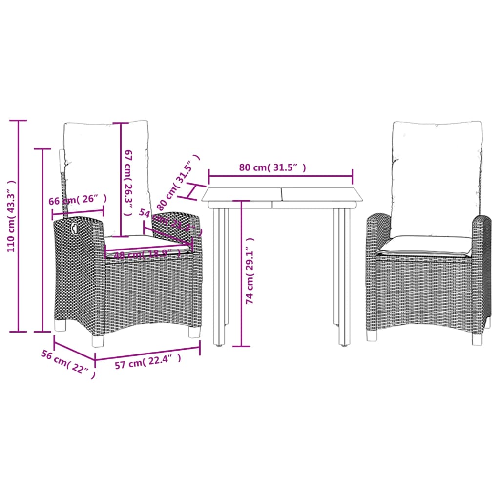 Ensemble à manger de jardin 3pcs coussins gris clair poly rotin