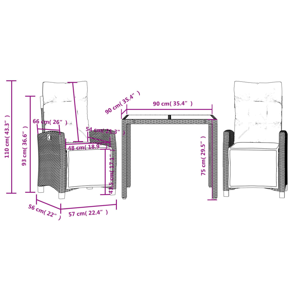 Ensemble à manger de jardin avec coussins 3 pcs Noir