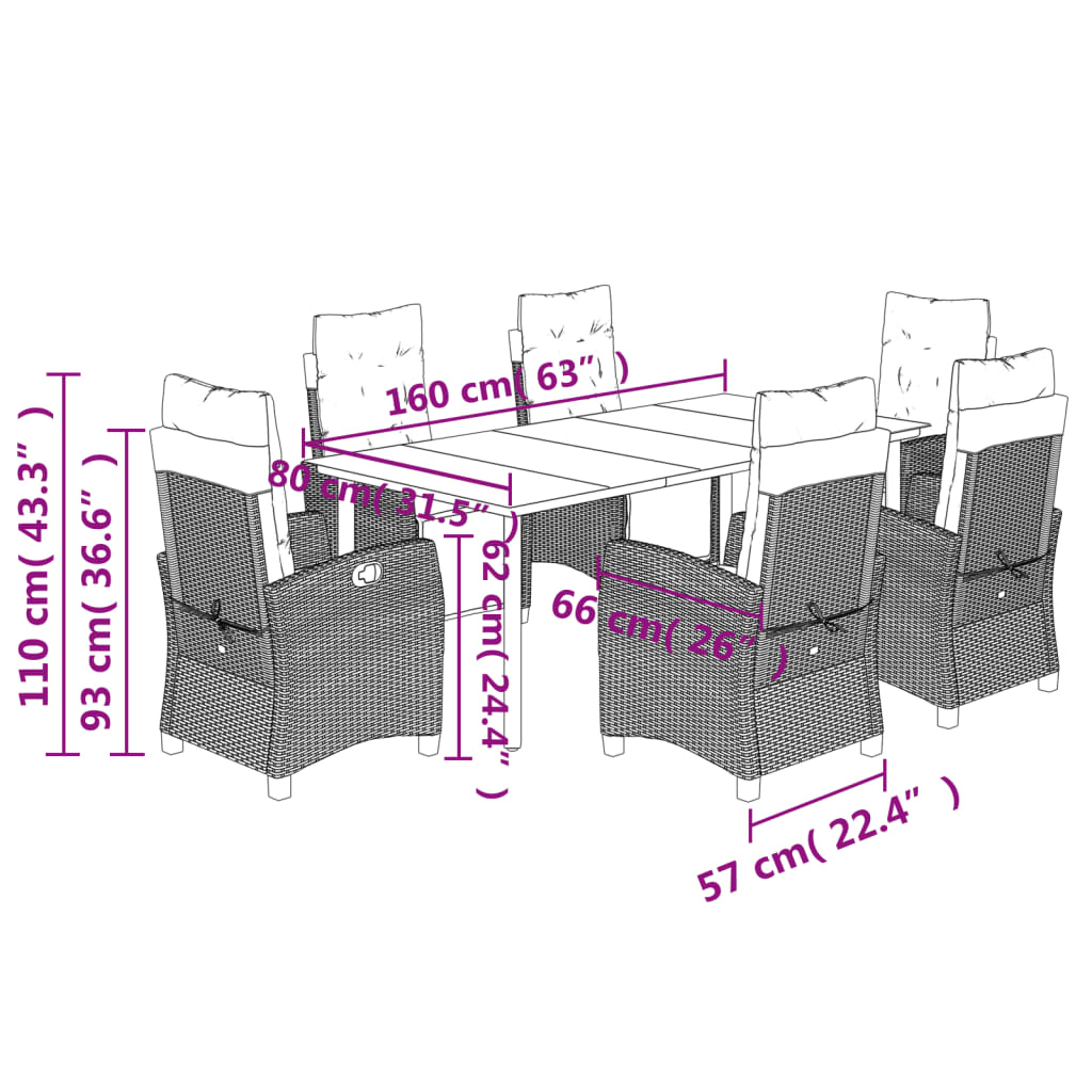 Ensemble à manger de jardin coussins 7pcs Noir Résine tressée