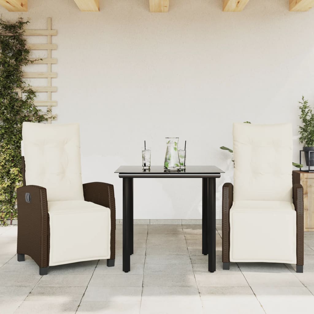 Ensemble à manger de jardin 3 pcs et coussins marron poly rotin