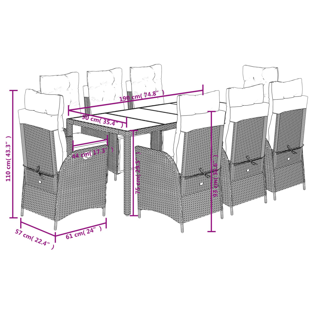 Ensemble à manger de jardin 9pcs coussins noir résine tressée