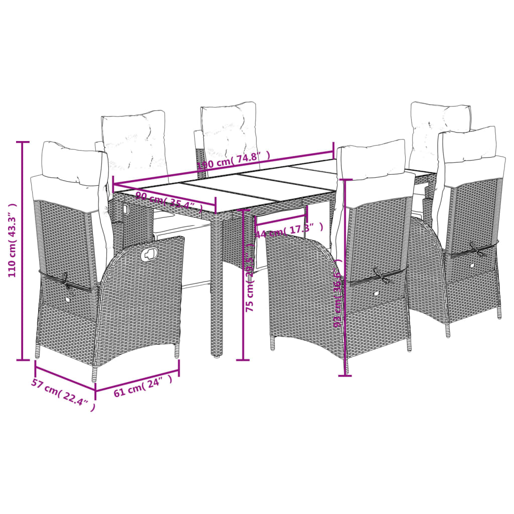 Ensemble à manger de jardin coussins 7pcs Noir Résine tressée