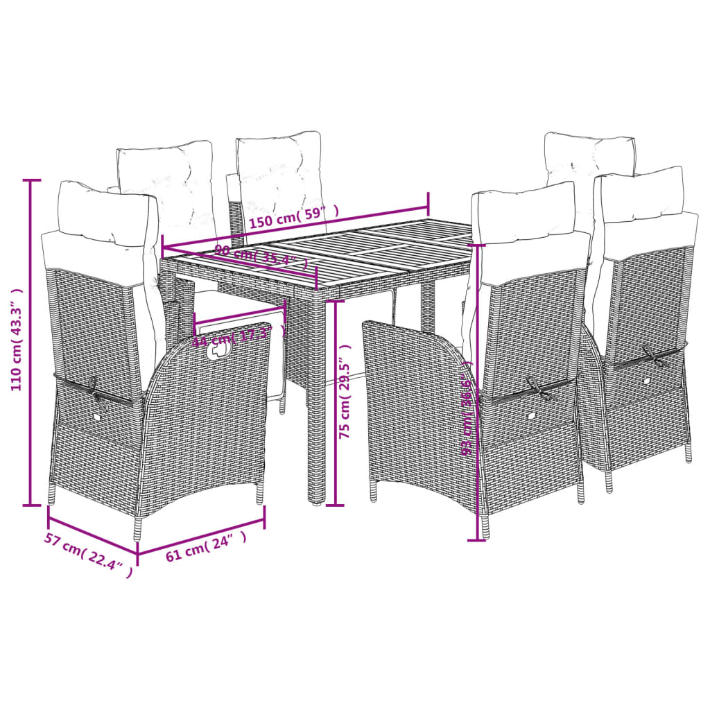 Ensemble à manger de jardin coussins 7pcs Noir Résine tressée