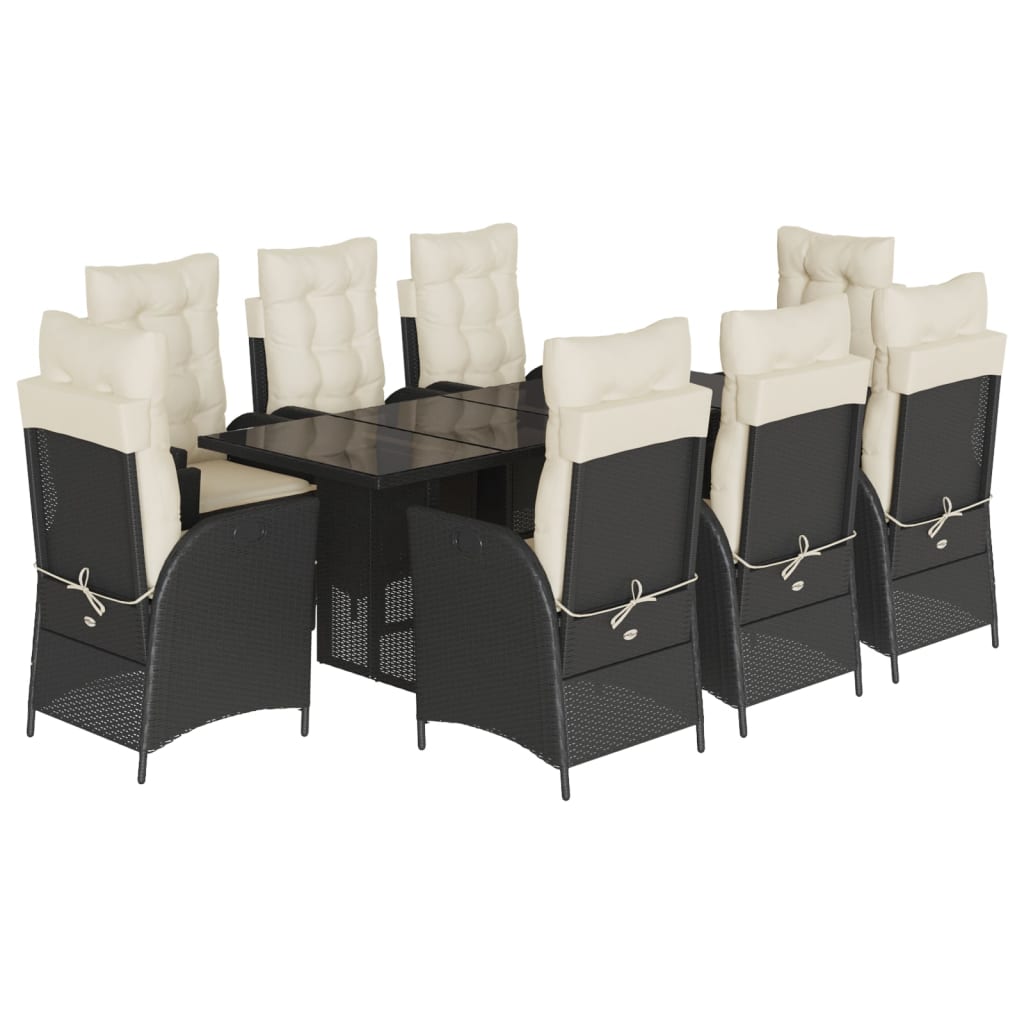 Ensemble à manger de jardin 9pcs coussins noir résine tressée