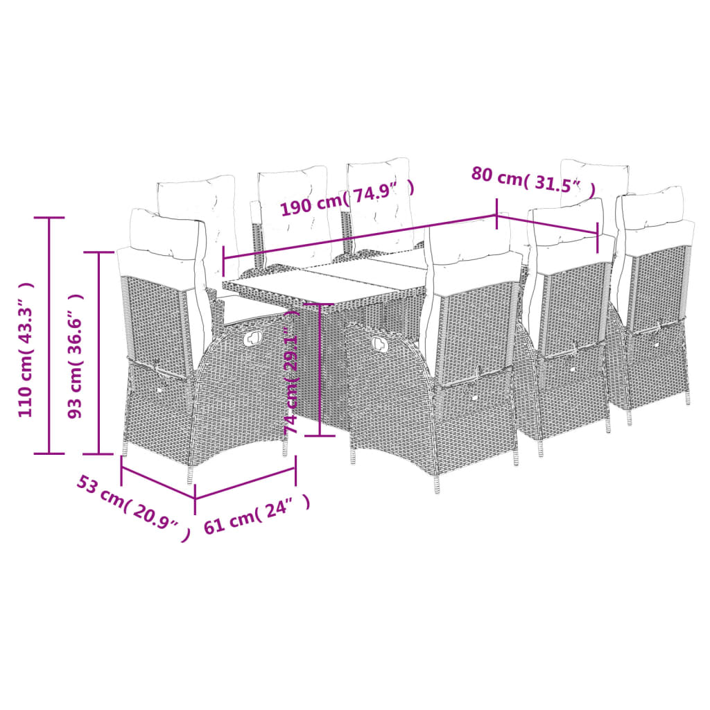 Ensemble à manger de jardin 9pcs coussins noir résine tressée
