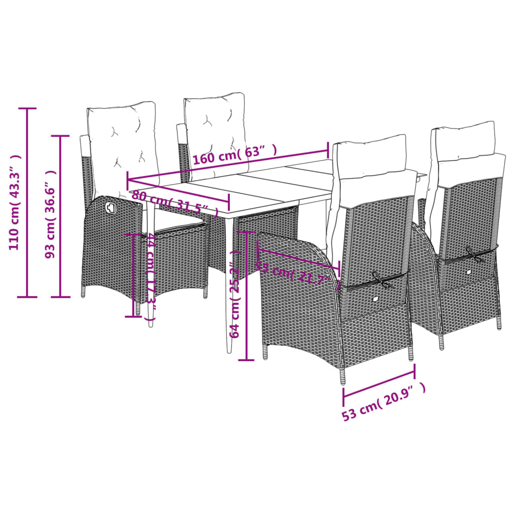 Ensemble à manger de jardin coussins 5pcs Noir Résine tressée