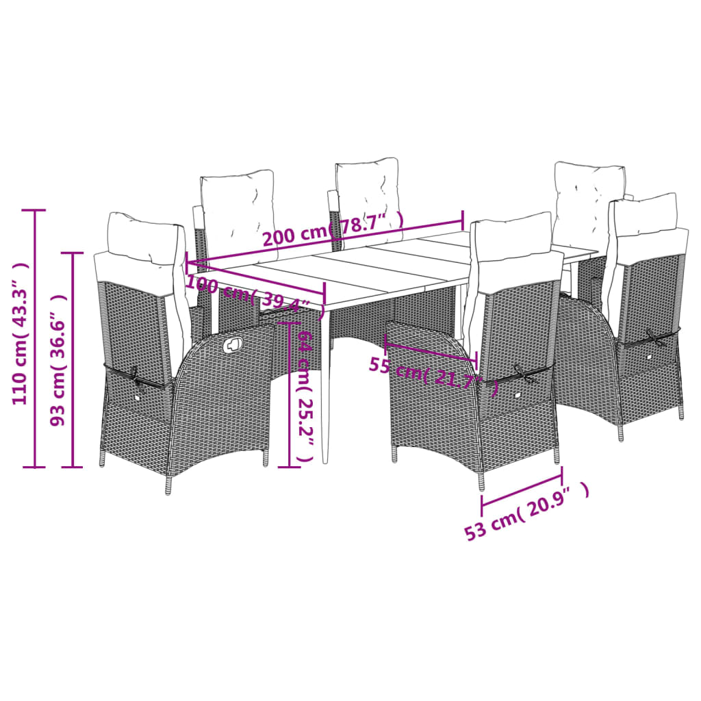 Ensemble à manger de jardin coussins 7pcs Noir Résine tressée