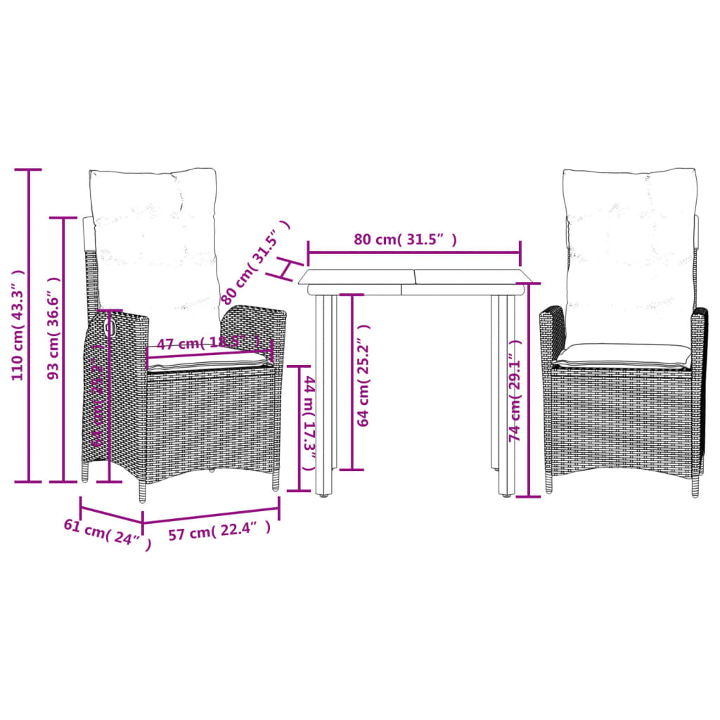 Ensemble à manger de jardin avec coussins 3 pcs Noir