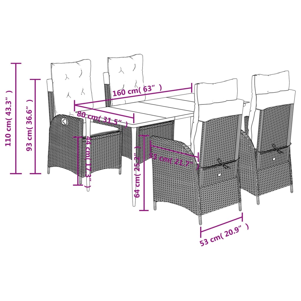 Ensemble à manger de jardin 5 pcs et coussins marron poly rotin
