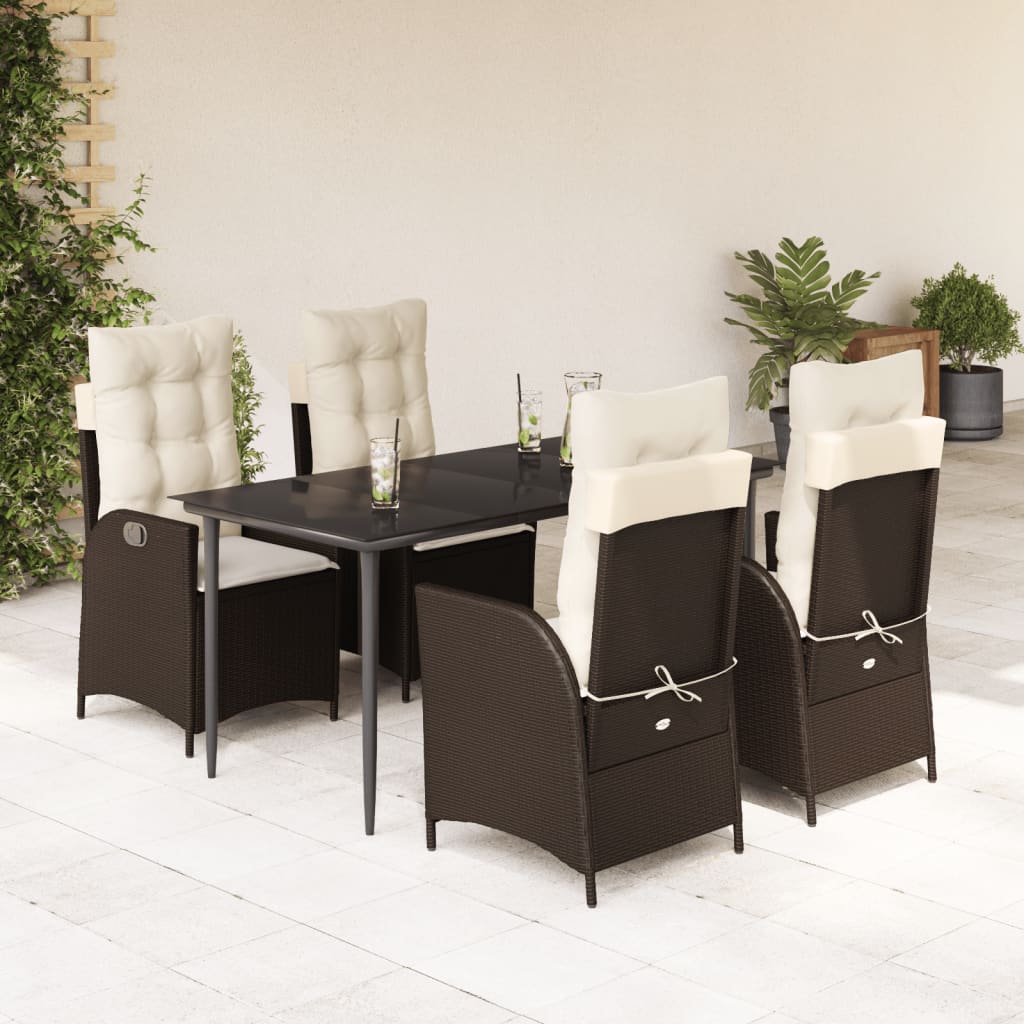Ensemble à manger de jardin 5 pcs et coussins marron poly rotin