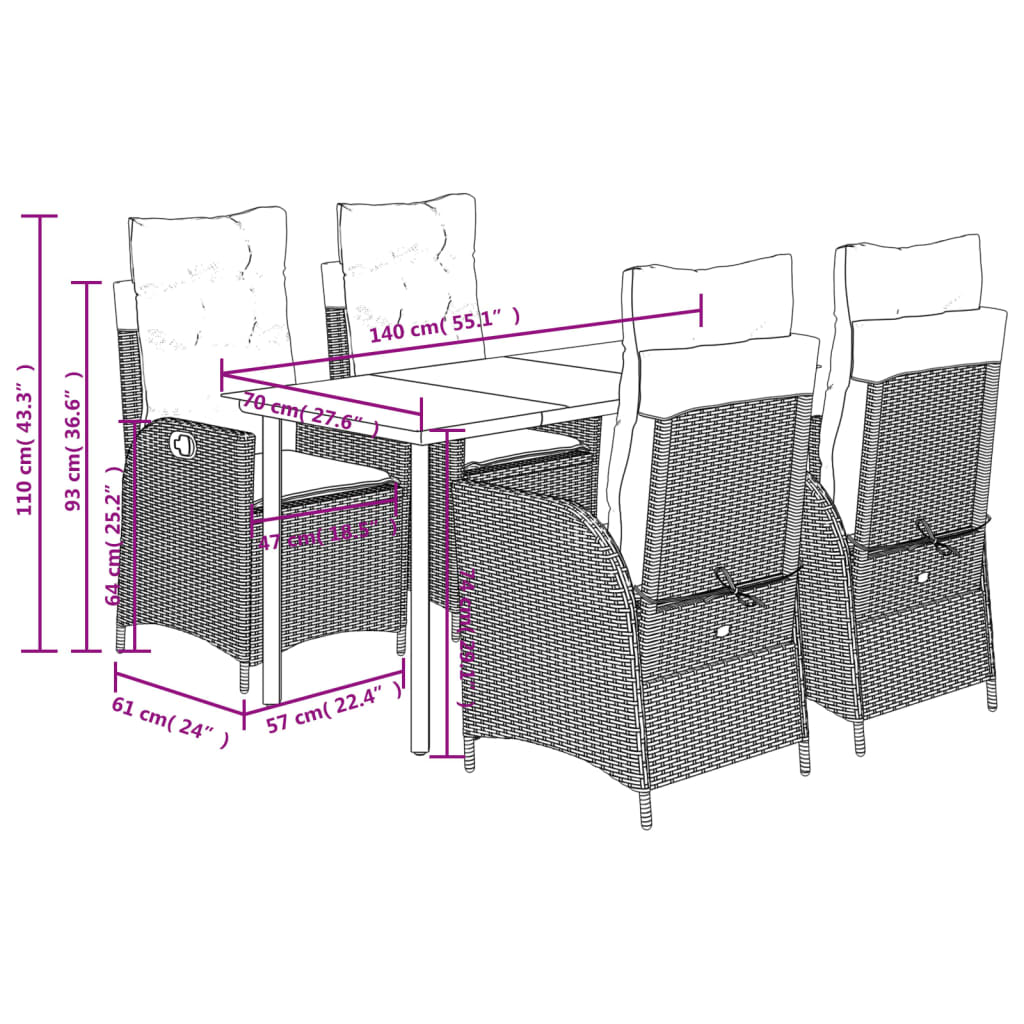 Ensemble à manger de jardin 5 pcs et coussins marron poly rotin