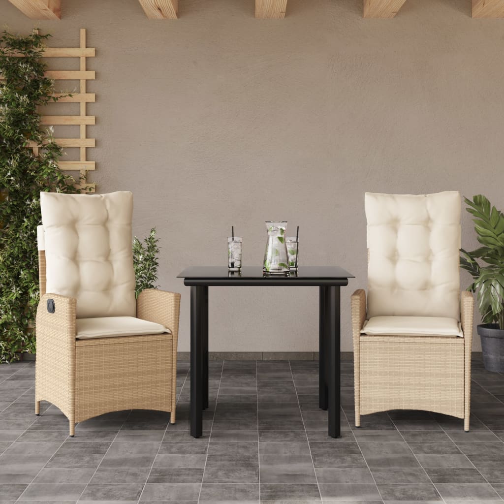 Ensemble à manger de jardin et coussins 3 pcs Beige poly rotin