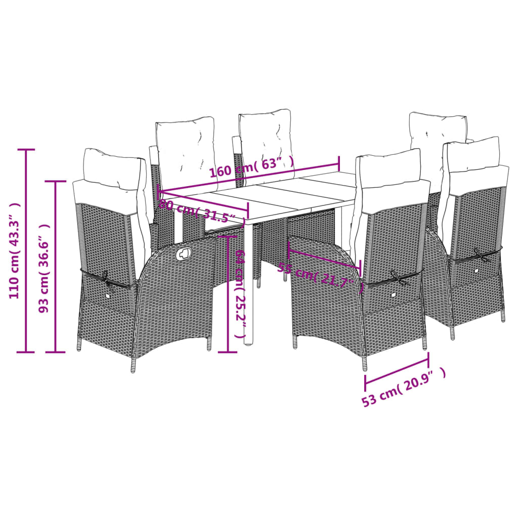 Ensemble à manger de jardin et coussins 7 pcs gris clair rotin