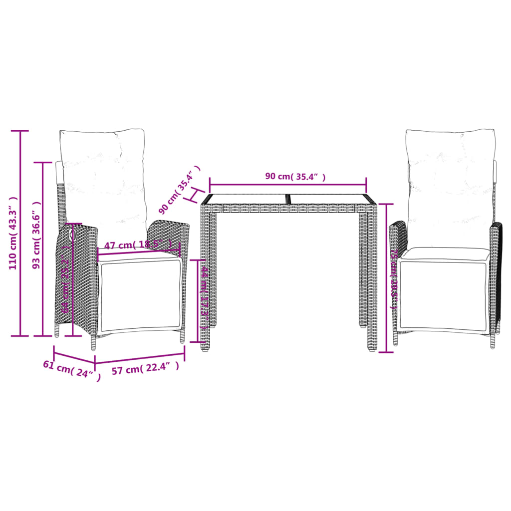 Ensemble à manger de jardin avec coussins 3 pcs Noir
