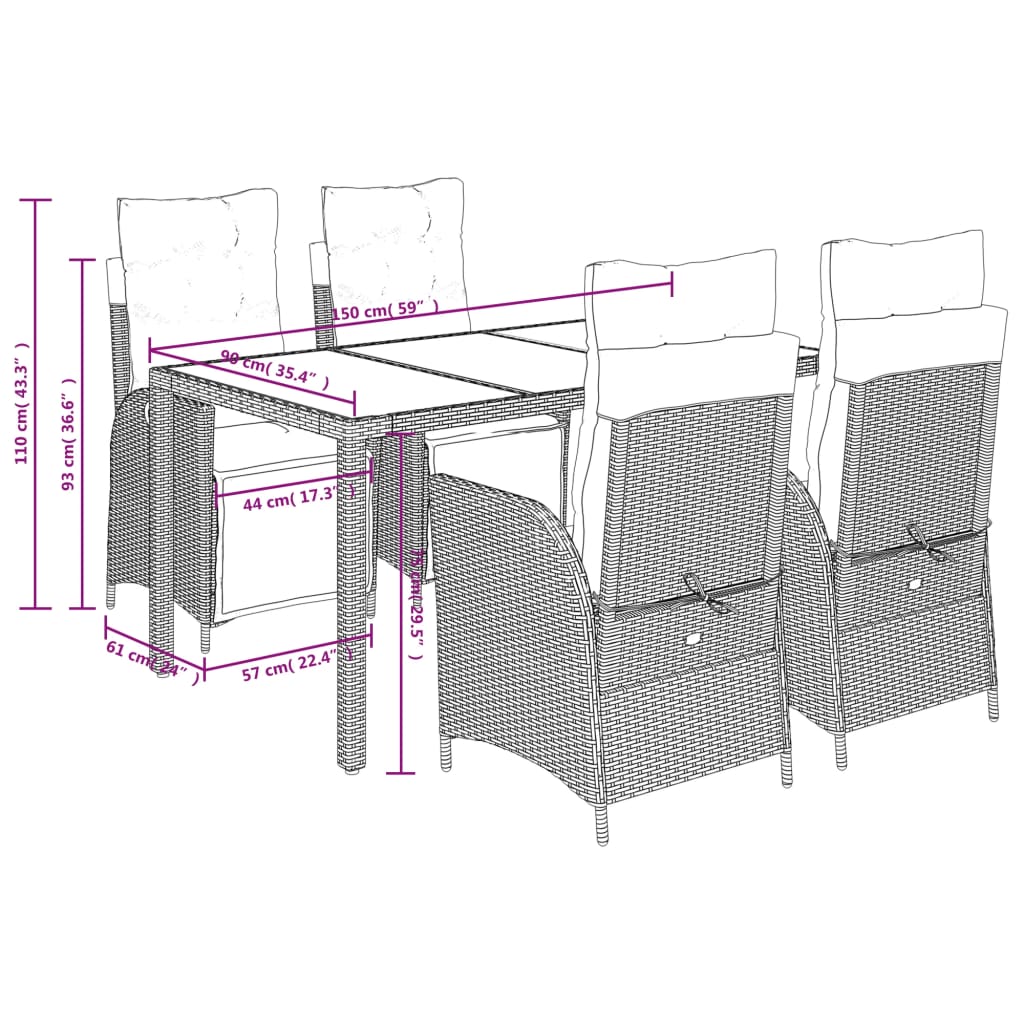 Ensemble à manger de jardin coussins 5pcs Noir Résine tressée