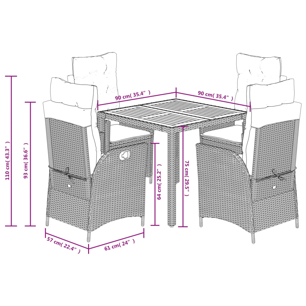 Ensemble à manger de jardin coussins 5pcs Noir Résine tressée