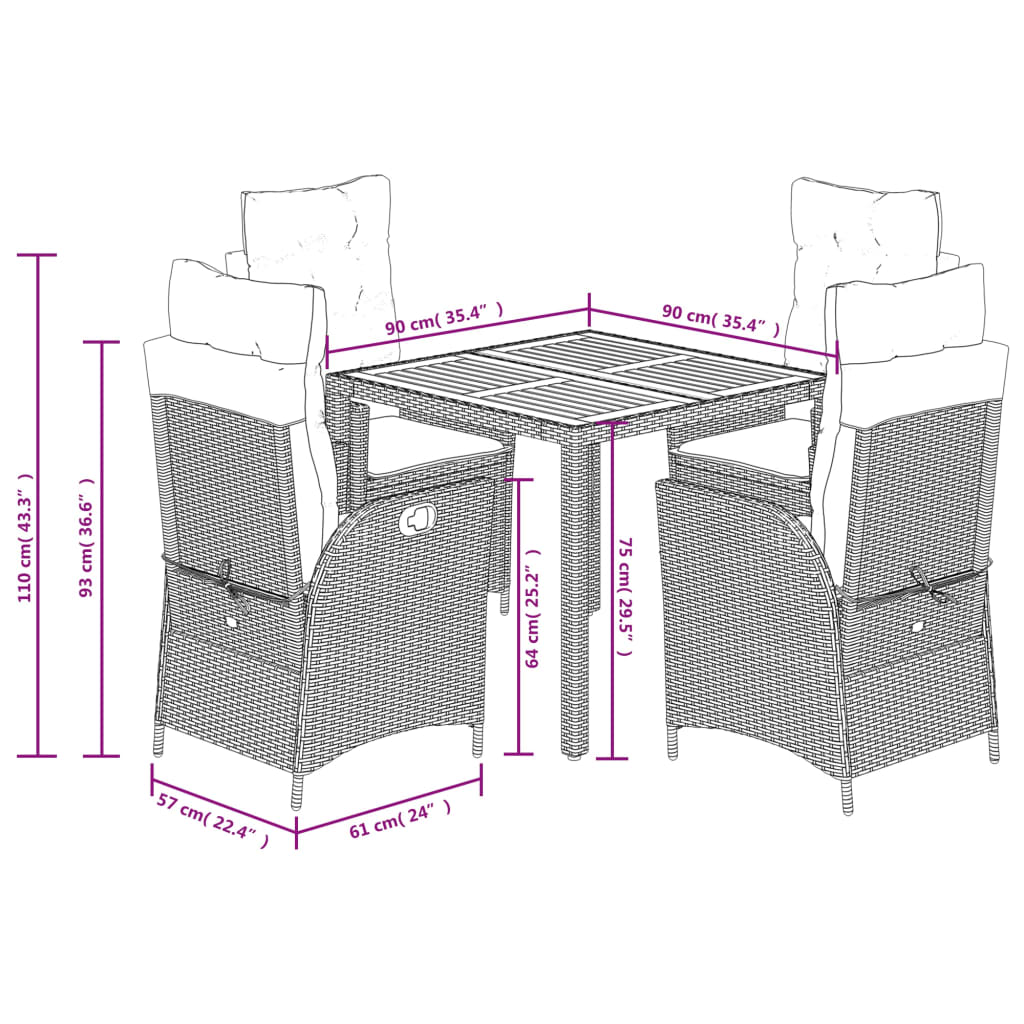 Ensemble à manger de jardin coussins 5pcs Noir Résine tressée