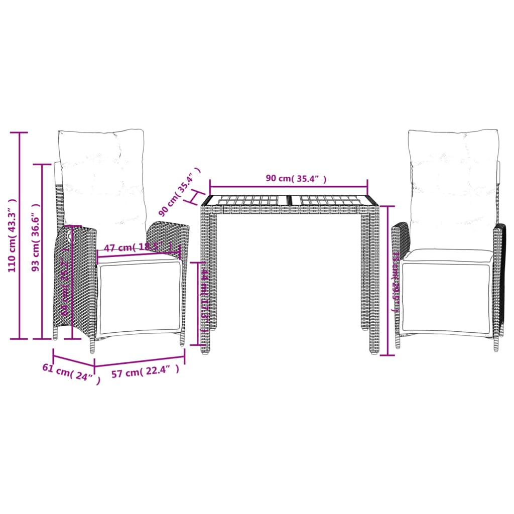 Ensemble à manger de jardin 3 pcs coussins gris résine tressée