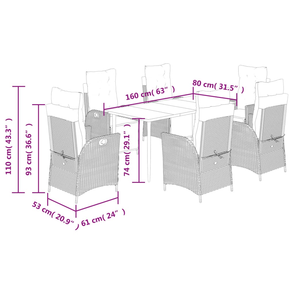 Ensemble à manger de jardin coussins 7pcs Noir Résine tressée