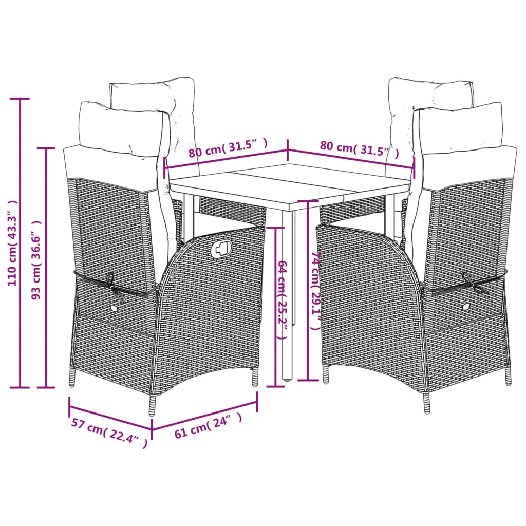 Ensemble à manger de jardin coussins 5pcs Noir Résine tressée