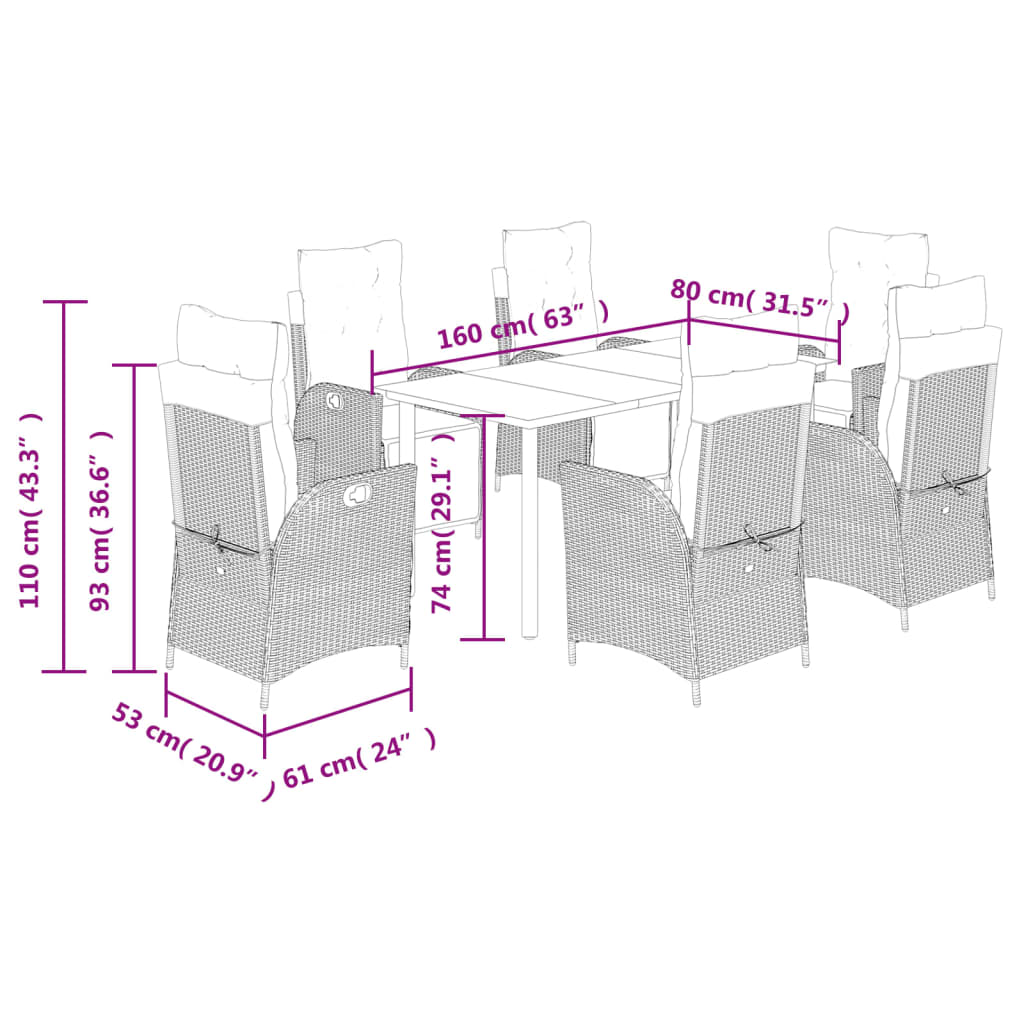 Ensemble à manger de jardin coussins 7pcs Noir Résine tressée