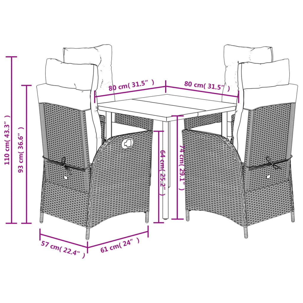 Ensemble à manger de jardin 5 pcs et coussins marron poly rotin