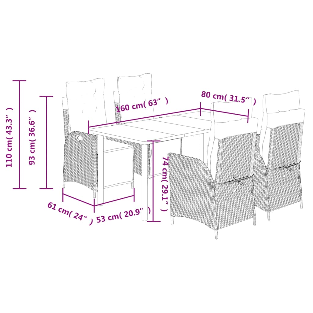 Ensemble à manger de jardin 5 pcs et coussins marron poly rotin