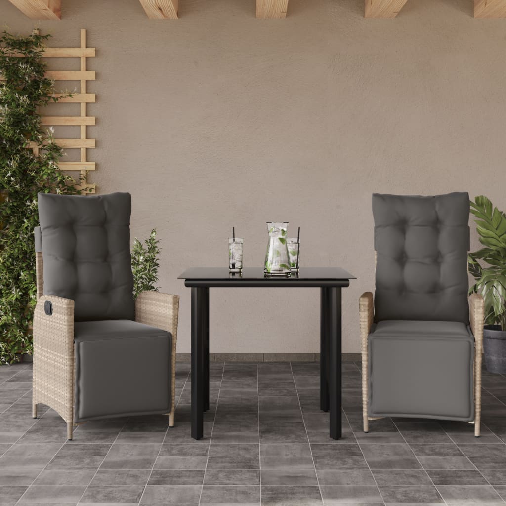 Ensemble à manger de jardin 3pcs coussins gris clair poly rotin
