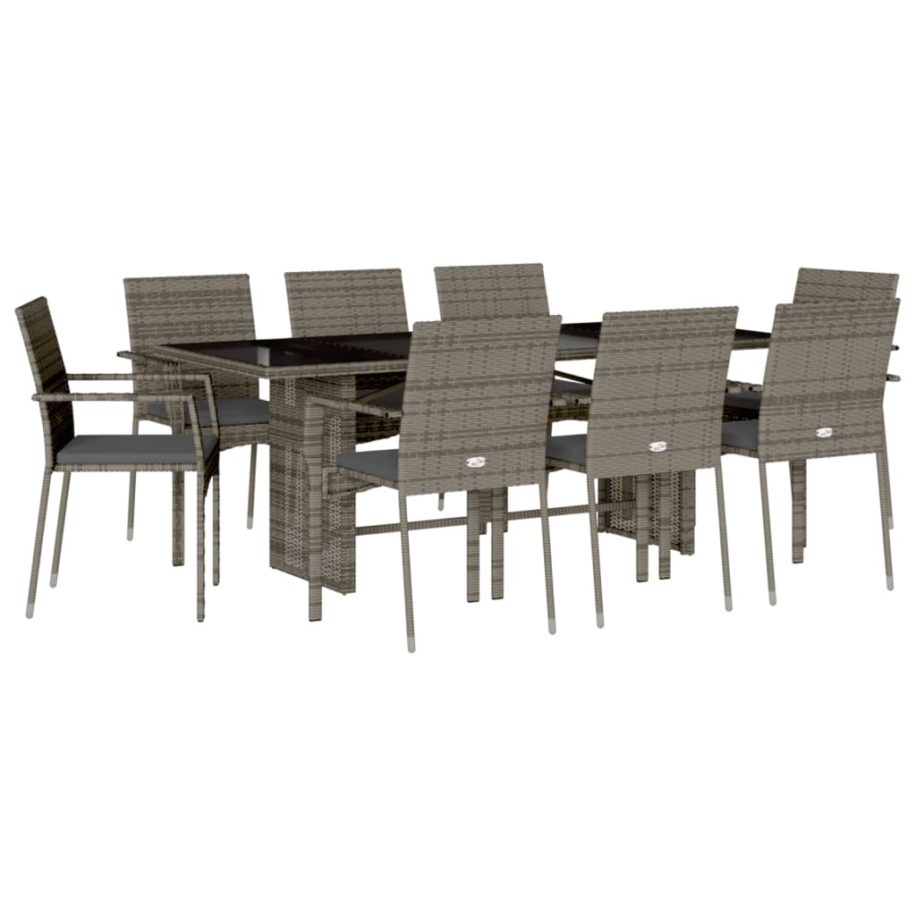 Ensemble à manger de jardin 9 pcs coussins gris résine tressée
