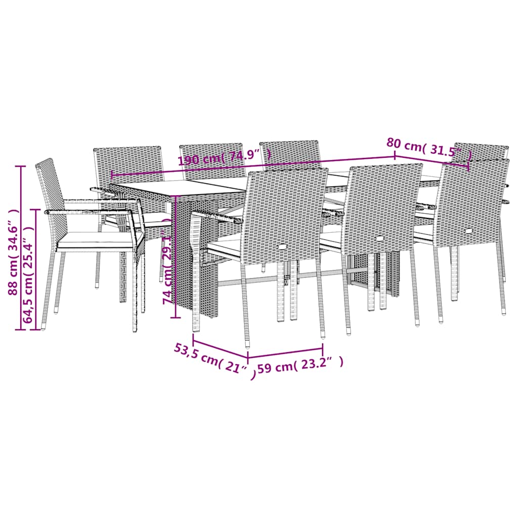 Ensemble à manger de jardin 9pcs coussins noir résine tressée
