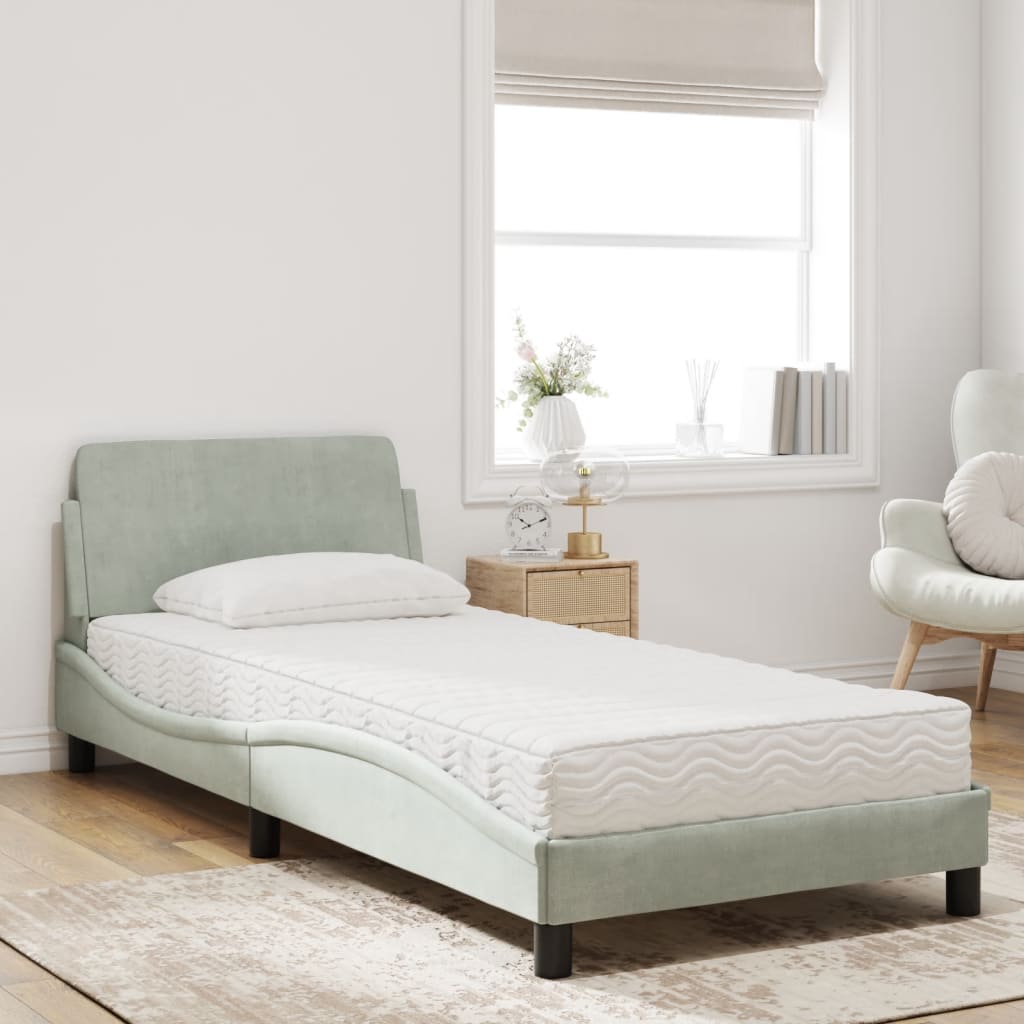 Lit avec matelas Dover gris clair 90x190 cm velours - XIOS
