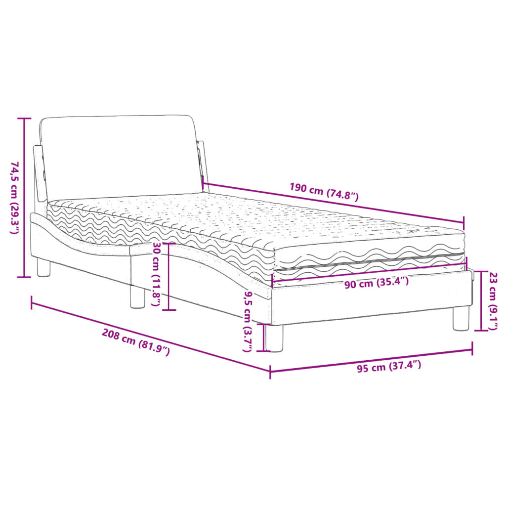 Lit avec matelas Dover gris clair 90x190 cm velours - XIOS