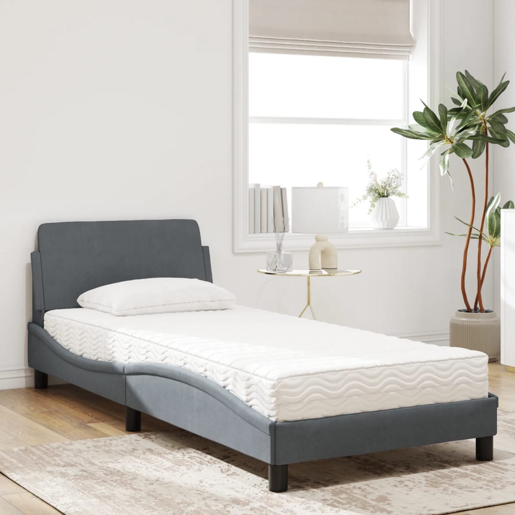 Lit avec matelas Dover gris foncé 90x190 cm velours - XIOS
