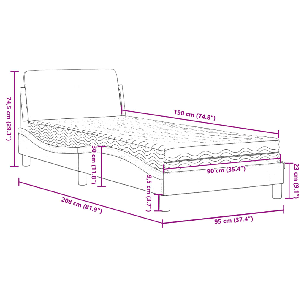 Lit avec matelas Dover gris foncé 90x190 cm velours - XIOS