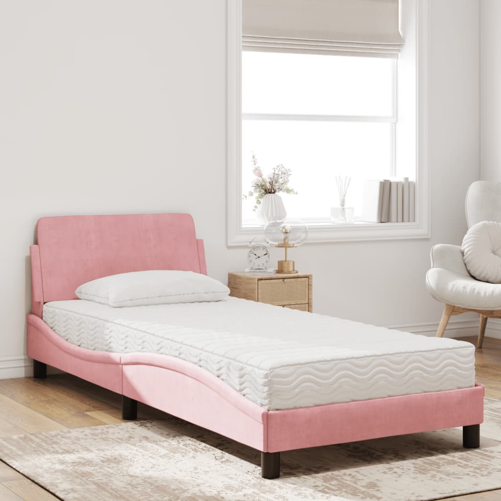 Lit avec matelas Dover rose 90x190 cm velours - XIOS