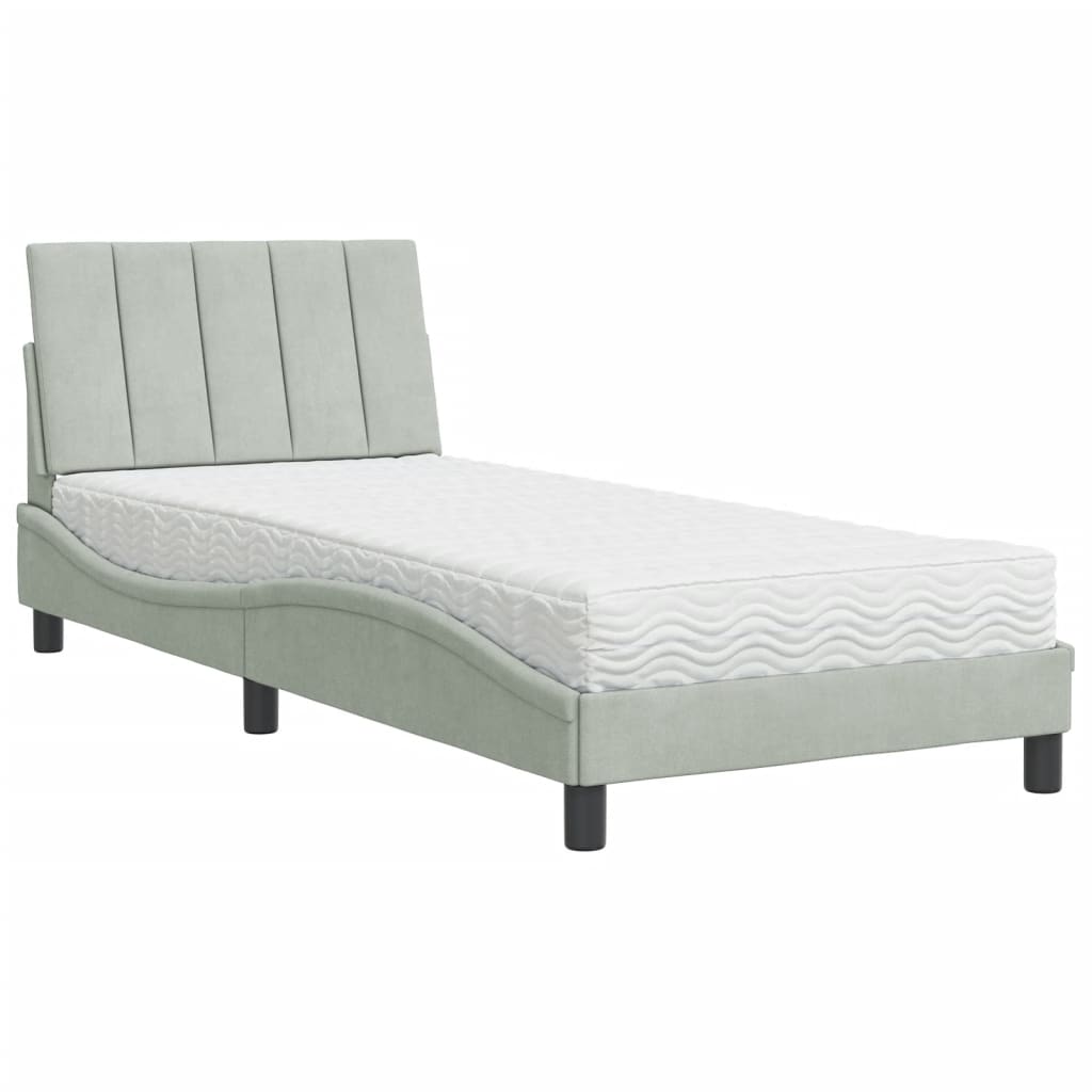 Lit avec matelas Hanko gris clair 90x190 cm velours - XIOS