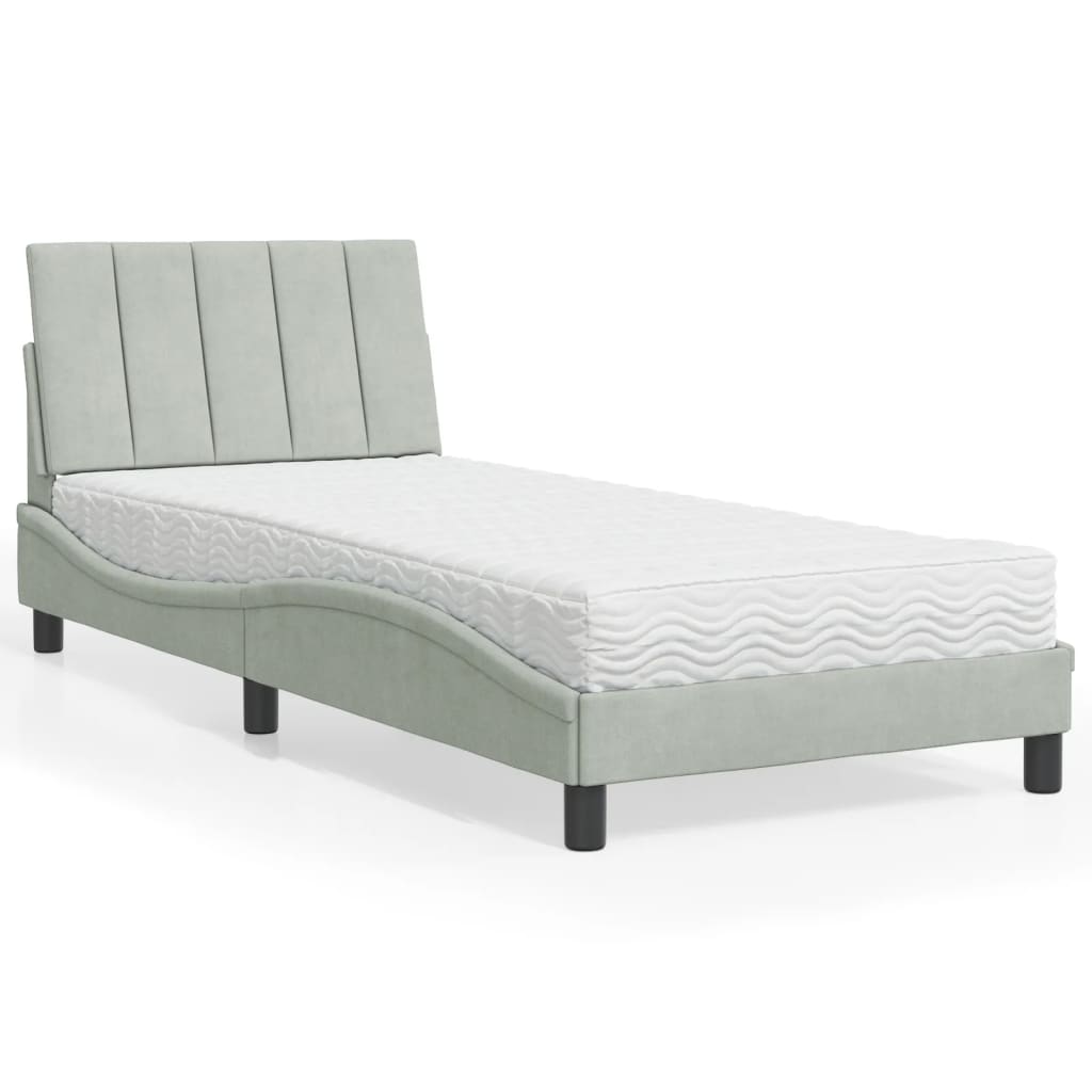 Lit avec matelas Hanko gris clair 90x190 cm velours - XIOS