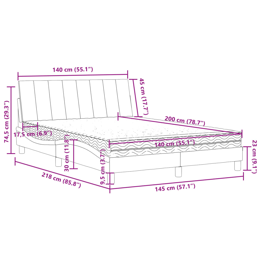 Lit avec matelas Hanko gris clair 140x200 cm velours - XIOS